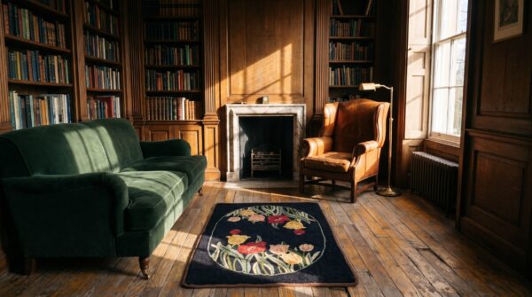 Antique american square hooked rug american black 1930s 2 Antique american square hooked rug american black 1930s (sku 20531) - styled overhead view