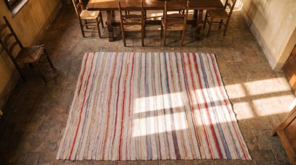 Antique american square rag rug small scatter size cotton ivory 2 Antique american square rag rug small scatter size cotton ivory (sku 20597) - styled overhead view