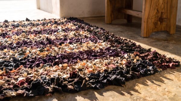 Antique american square rag rug small scatter size wool multicolor 7 Antique american square rag rug small scatter size wool multicolor (sku 20599) - in-room detail