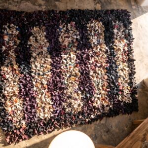 Antique American Square Rag Rug Small Scatter Size Wool Multicolor (SKU 20599) - styled overhead view