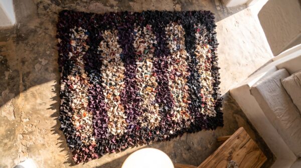 Antique american square rag rug small scatter size wool multicolor 2 Antique american square rag rug small scatter size wool multicolor (sku 20599) - styled overhead view