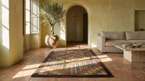 Antique american sunshine and shadow pattern folk art hooked rug 7 Antique american sunshine and shadow pattern folk art hooked rug (sku 18604) - room view