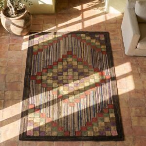 Antique American Sunshine and Shadow Pattern Folk Art Hooked Rug (SKU 18604) - styled overhead view