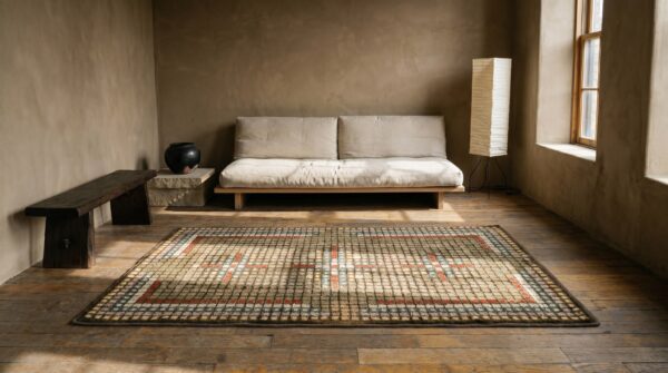 Antique american tiled squares cross pattern hooked rug 9 Antique american tiled squares cross pattern hooked rug (sku 19695) - room view