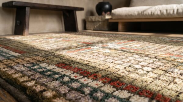 Antique american tiled squares cross pattern hooked rug 10 Antique american tiled squares cross pattern hooked rug (sku 19695) - in-room detail
