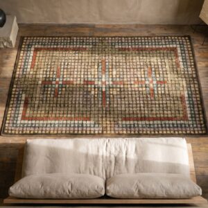 Antique American Tiled Squares Cross Pattern Hooked Rug (SKU 19695) - styled overhead view