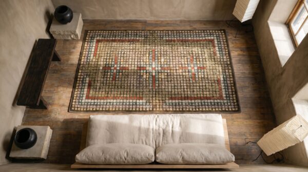 Antique american tiled squares cross pattern hooked rug 2 Antique american tiled squares cross pattern hooked rug (sku 19695) - styled overhead view
