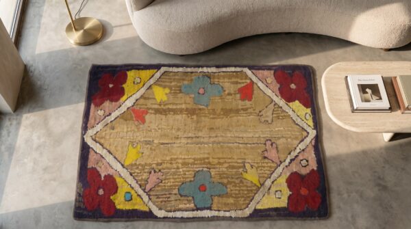 Antique american usa wool hand knotted pile rug 2 Antique american usa wool hand knotted pile rug (sku 17470) - styled overhead view