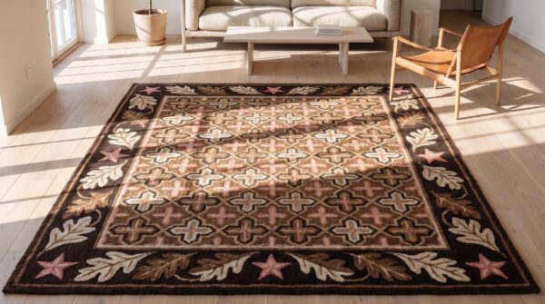 Antique american usa allover floral hand knotted pile rug 2 Antique american usa allover floral hand knotted pile rug (sku 18860) - styled overhead view