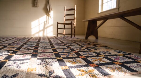 Antique american usa allover geometric wool hand knotted pile multicolor jewel tones 1930s rug 9 Antique american usa allover geometric wool hand knotted pile multicolor jewel tones 1930s rug (sku 25248) - in-room detail