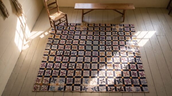 Antique american usa allover geometric wool hand knotted pile multicolor jewel tones 1930s rug 2 Antique american usa allover geometric wool hand knotted pile multicolor jewel tones 1930s rug (sku 25248) - styled overhead view