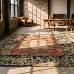 Antique American Usa Floral Medallion Wool Hand Knotted Pile 1880s Rug (SKU 18409) - room view