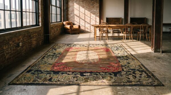 Antique american usa floral medallion wool hand knotted pile 1880s rug 4 Antique american usa floral medallion wool hand knotted pile 1880s rug (sku 18409) - room view