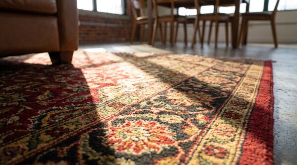 Antique american usa floral medallion wool hand knotted pile 1880s rug 5 Antique american usa floral medallion wool hand knotted pile 1880s rug (sku 18409) - in-room detail