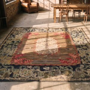 Antique American Usa Floral Medallion Wool Hand Knotted Pile 1880s Rug (SKU 18409) - styled overhead view