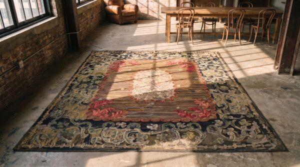 Antique american usa floral medallion wool hand knotted pile 1880s rug 2 Antique american usa floral medallion wool hand knotted pile 1880s rug (sku 18409) - styled overhead view