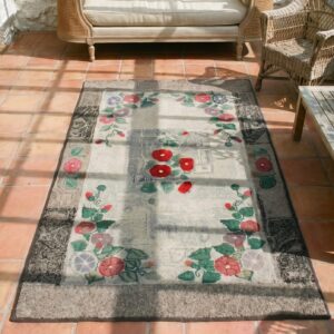 Antique American Usa Floral Medallion Wool Hand Knotted Pile 1930s Rug (SKU 17477) - styled overhead view