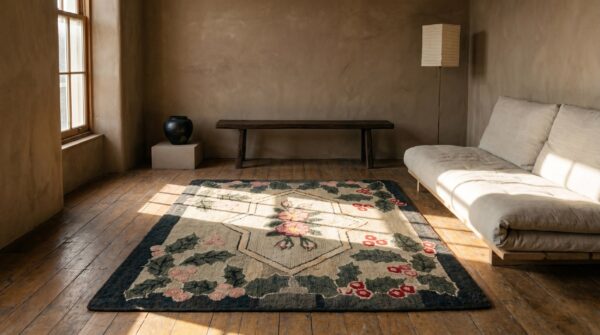 Antique american usa floral medallion square hand knotted pile rug 7 Antique american usa floral medallion square hand knotted pile rug (sku 17251) - room view