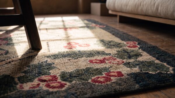 Antique american usa floral medallion square hand knotted pile rug 8 Antique american usa floral medallion square hand knotted pile rug (sku 17251) - in-room detail