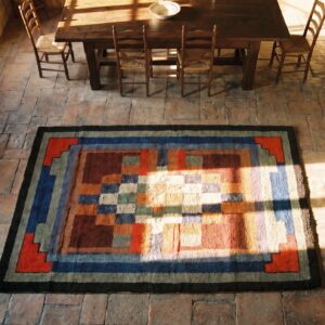 Antique American Usa Geometric Medallion Hand Knotted Pile Rug (SKU 17439) - styled overhead view