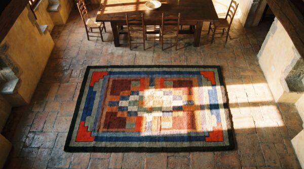 Antique american usa geometric medallion hand knotted pile rug 2 Antique american usa geometric medallion hand knotted pile rug (sku 17439) - styled overhead view