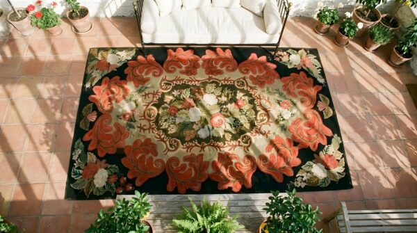 Antique american usa wool ivory beige cream white hand knotted pile rug 2 Antique american usa wool ivory beige cream white hand knotted pile rug (sku 25605) - styled overhead view