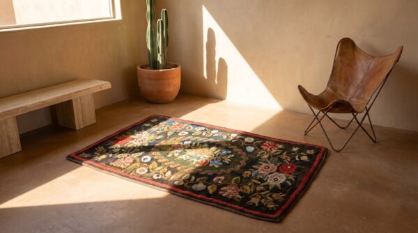 Antique wool & cotton brown earth tone hooked - loop pile rug 6 Antique wool & cotton brown earth tone hooked - loop pile rug (sku 20551) - room view