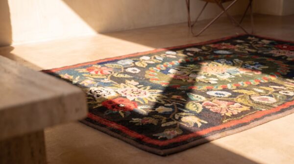 Antique wool & cotton brown earth tone hooked - loop pile rug 7 Antique wool & cotton brown earth tone hooked - loop pile rug (sku 20551) - in-room detail