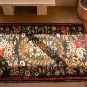 Antique Wool & Cotton Brown Earth Tone Hooked - Loop Pile Rug (SKU 20551) - styled overhead view