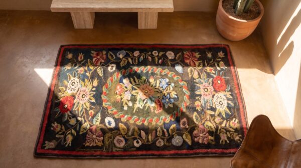 Antique wool & cotton brown earth tone hooked - loop pile rug 2 Antique wool & cotton brown earth tone hooked - loop pile rug (sku 20551) - styled overhead view