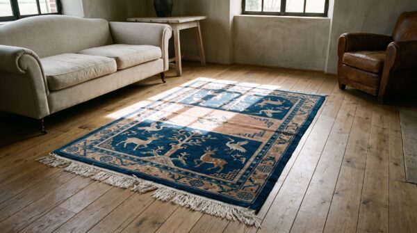 Antique animal motif blue chinese saddle horse cover rug 8 Antique animal motif blue chinese saddle horse cover rug (sku 22043) - room view