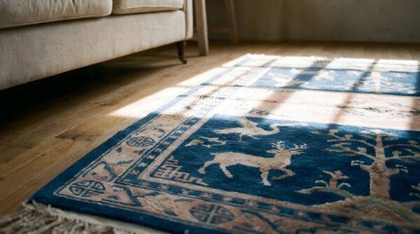 Antique animal motif blue chinese saddle horse cover rug 9 Antique animal motif blue chinese saddle horse cover rug (sku 22043) - in-room detail