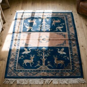 Antique Animal Motif Blue Chinese Saddle Horse Cover Rug (SKU 22043) - styled overhead view