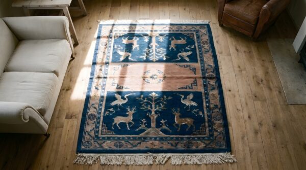Antique animal motif blue chinese saddle horse cover rug 2 Antique animal motif blue chinese saddle horse cover rug (sku 22043) - styled overhead view