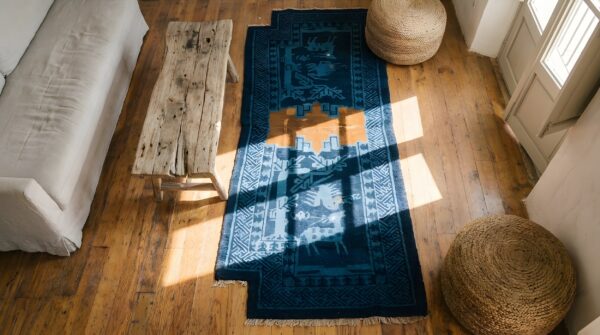 Antique animal motif wool pile chinese saddle horse cover rug 2 Antique animal motif wool pile chinese saddle horse cover rug (sku 22041) - styled overhead view