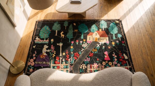 Antique applique america flat weave quilted rug 2 Antique applique america flat weave quilted rug (sku 20611) - styled overhead view