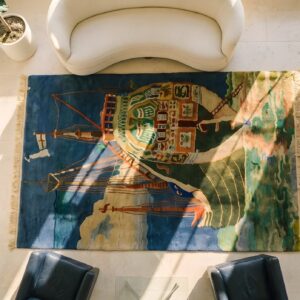 Antique Art Deco Chinese Allover Knotted Rug (SKU 24273) - styled overhead view