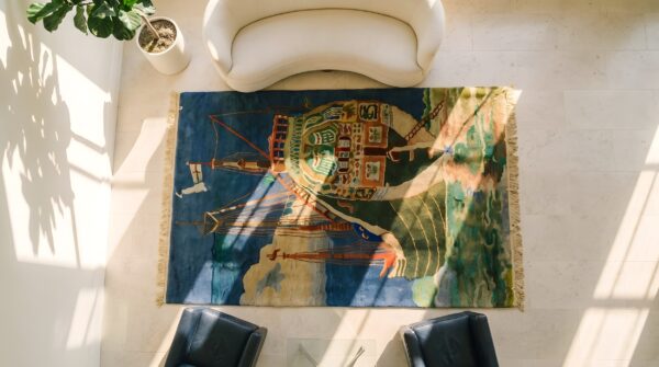 Antique art deco chinese allover knotted rug (sku 24273) - styled overhead view