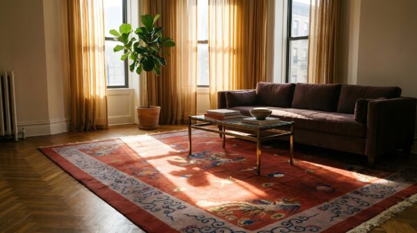 Antique art deco chinese allover medallion red knotted rug (sku 24179) - room view