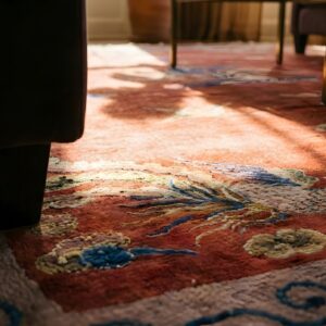 Antique Art Deco Chinese Allover Medallion Red Knotted Rug (SKU 24179) - in-room detail