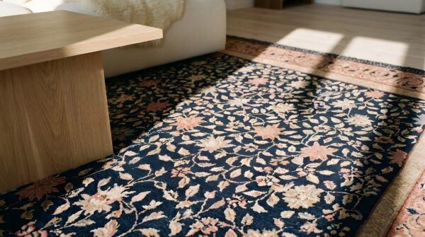 Antique art deco chinese allover navy 1930s square rug 7 Antique art deco chinese allover navy 1930s square rug (sku 23637) - in-room detail