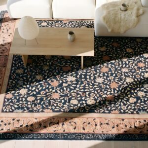 Antique Art Deco Chinese Allover Navy 1930s Square Rug (SKU 23637) - styled overhead view