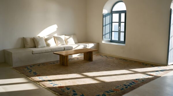 Antique art deco chinese floral beige 1920s rug (sku 23991) - styled overhead view