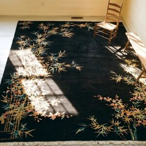 Antique Art Deco Chinese Floral Black 1920s Oval Rug (SKU 23927) - styled overhead view