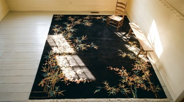 Antique art deco chinese floral black 1920s oval rug 2 Antique art deco chinese floral black 1920s oval rug (sku 23927) - styled overhead view