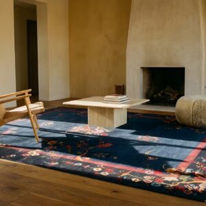 Antique Art Deco Chinese Floral Blue Navy 1920s Rug (SKU 24025) - styled overhead view