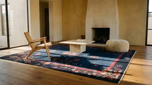 Antique art deco chinese floral blue navy 1920s rug 2 Antique art deco chinese floral blue navy 1920s rug (sku 24025) - styled overhead view