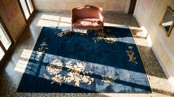 Antique art deco chinese floral blue navy 1930s rug 2 Antique art deco chinese floral blue navy 1930s rug (sku 24085) - styled overhead view