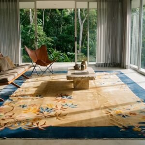 Antique Art Deco Chinese Floral Blue Navy, Ivory Beige Cream White 1930s Rug (SKU 24473) - room view