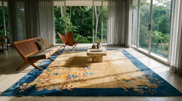 Antique art deco chinese floral blue navy, ivory beige cream white 1930s rug 8 Antique art deco chinese floral blue navy, ivory beige cream white 1930s rug (sku 24473) - room view